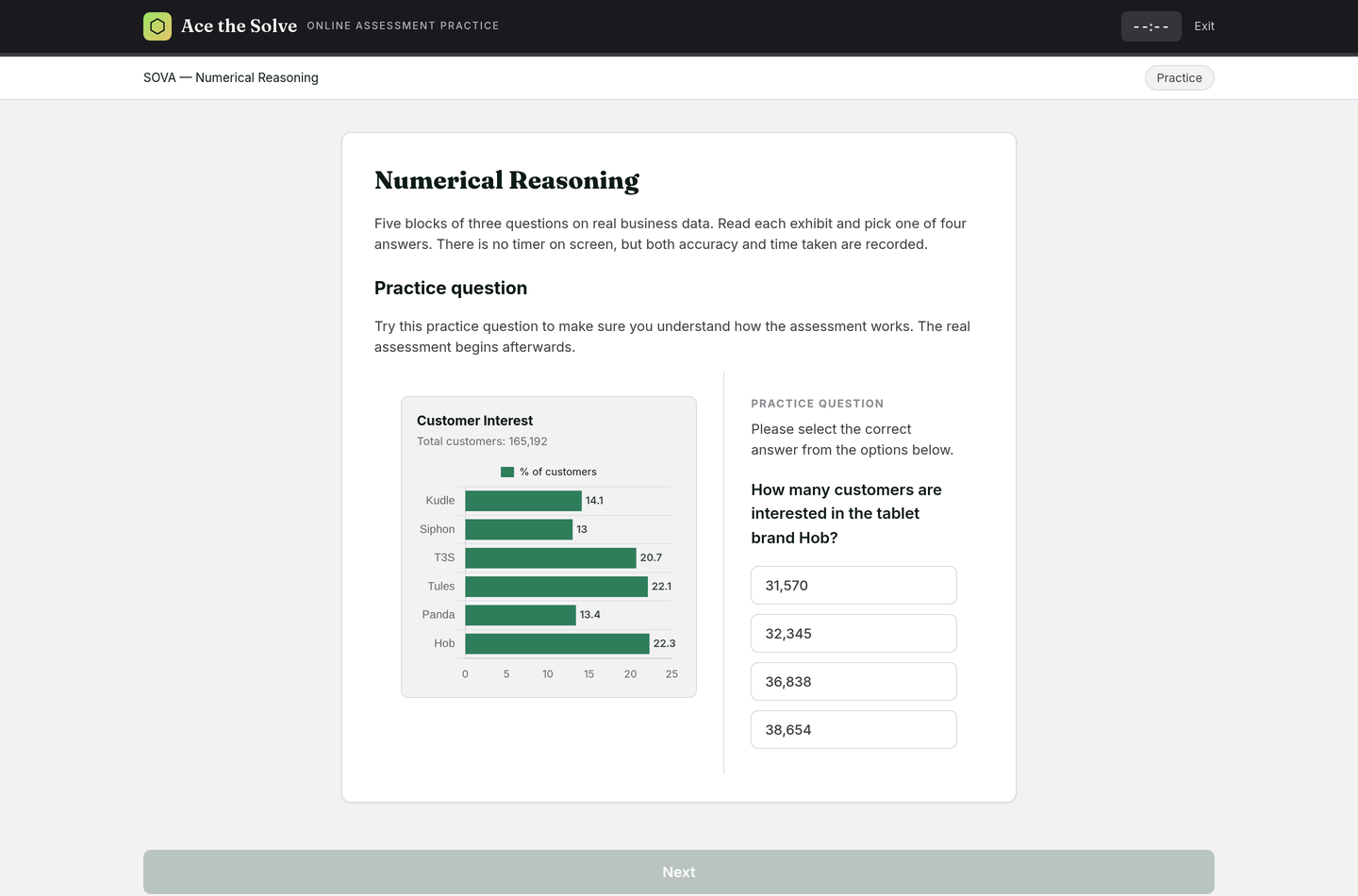 Bain SOVA — timed numerical reasoning question in the live app