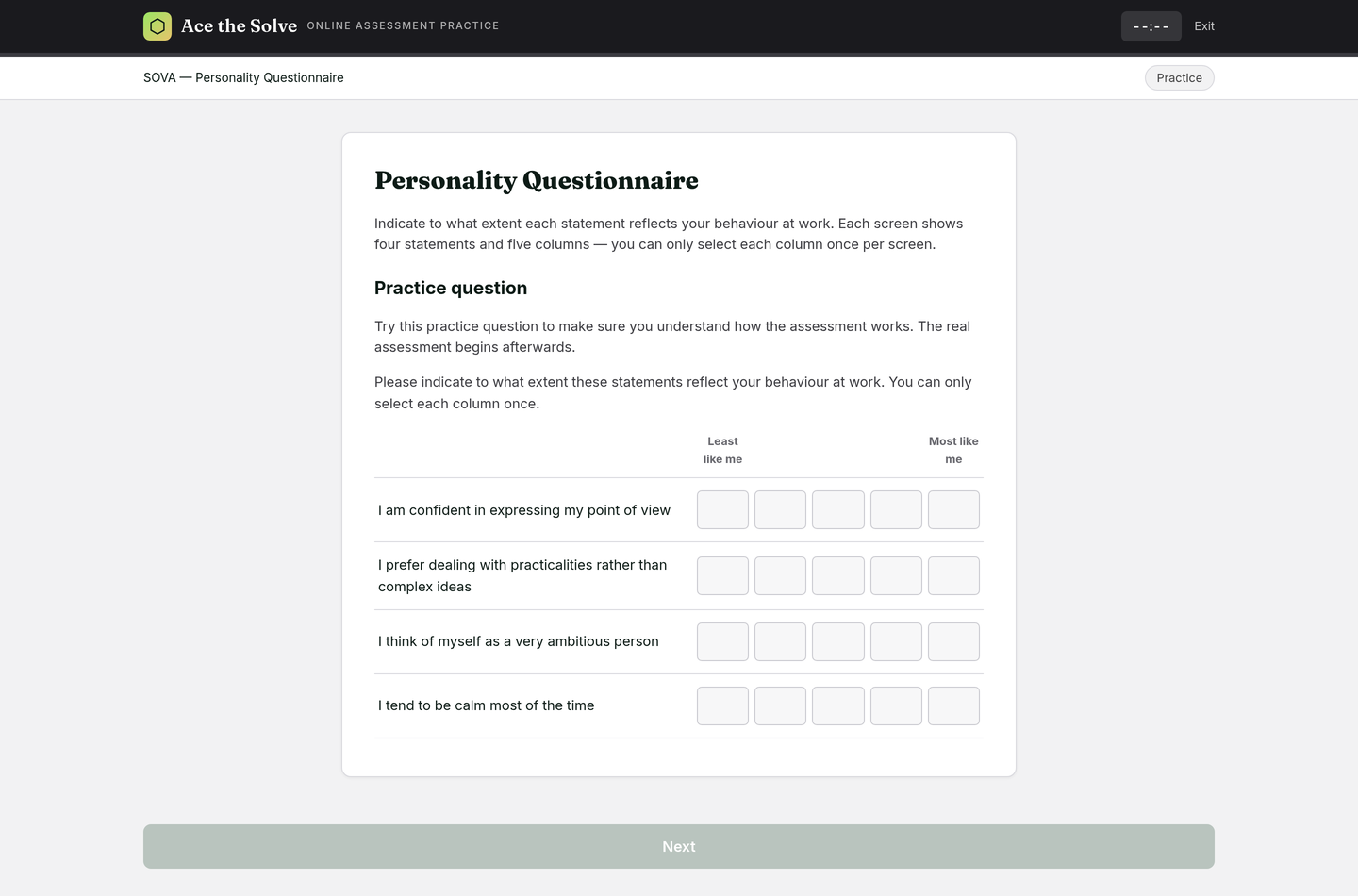 SOVA Personality: forced-choice statement rows in a five-column grid.